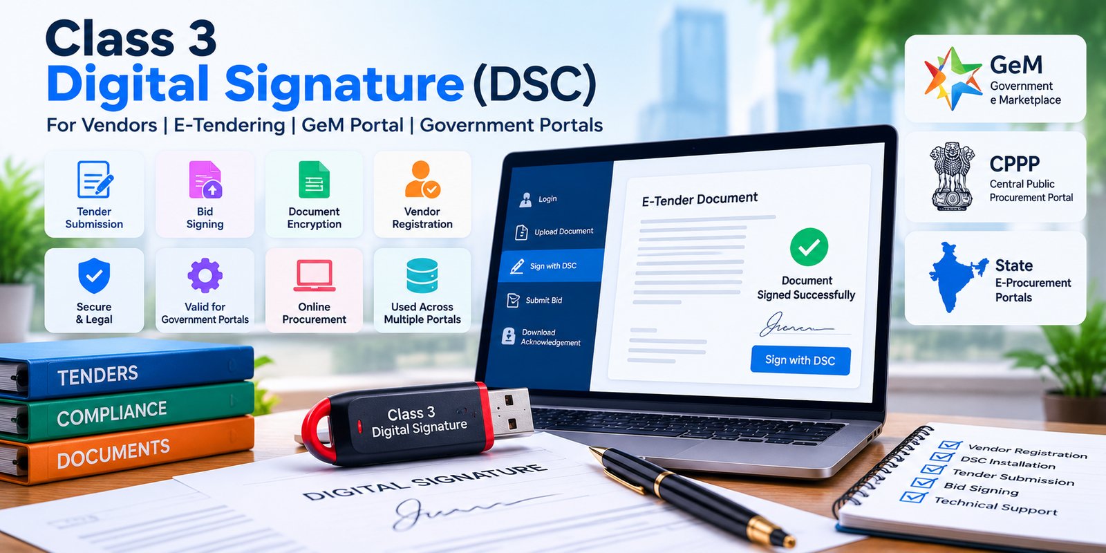 Class 3 Digital Signature (DSC) USB token for vendors, e-tendering, GeM portal and government portals