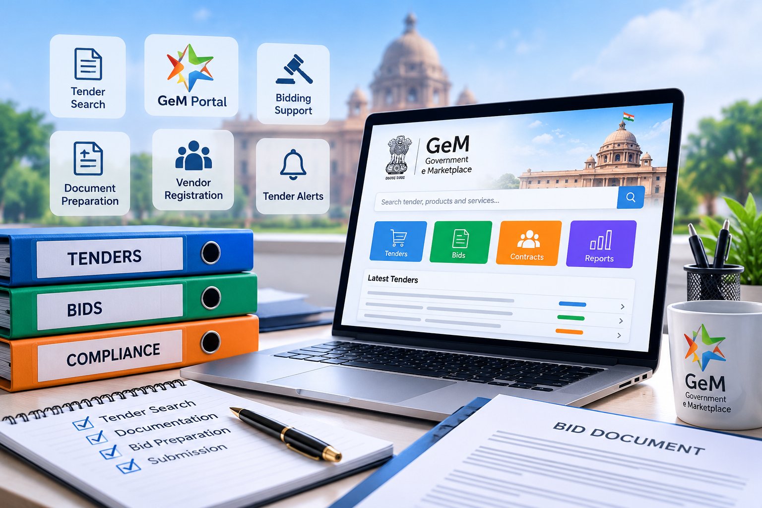 Tender search, GeM portal, bidding support, document preparation, vendor registration and tender alerts on a laptop with tender, bid and compliance files