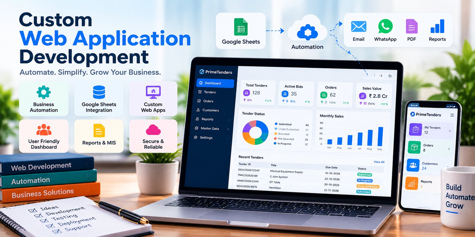 Custom web application development: PrimeTenders dashboard with tender status, monthly sales and Google Sheets automation to email, WhatsApp and PDF