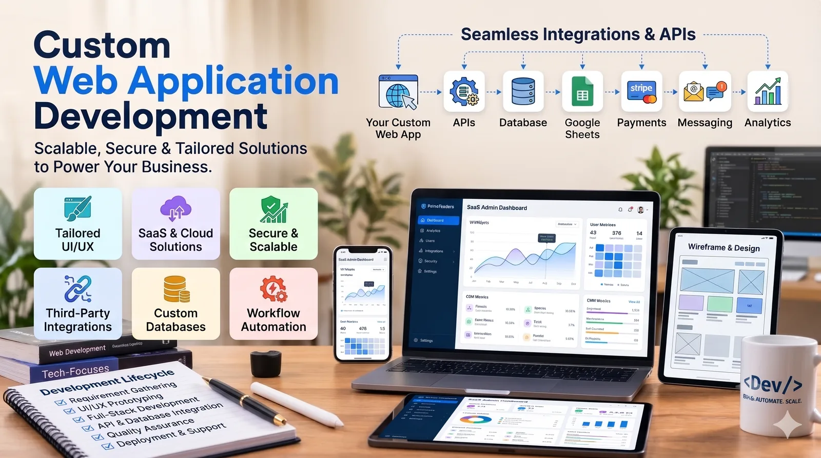 Custom web application development with Google Sheets, Apps Script dashboards, PDF quotation generators and WhatsApp alerts